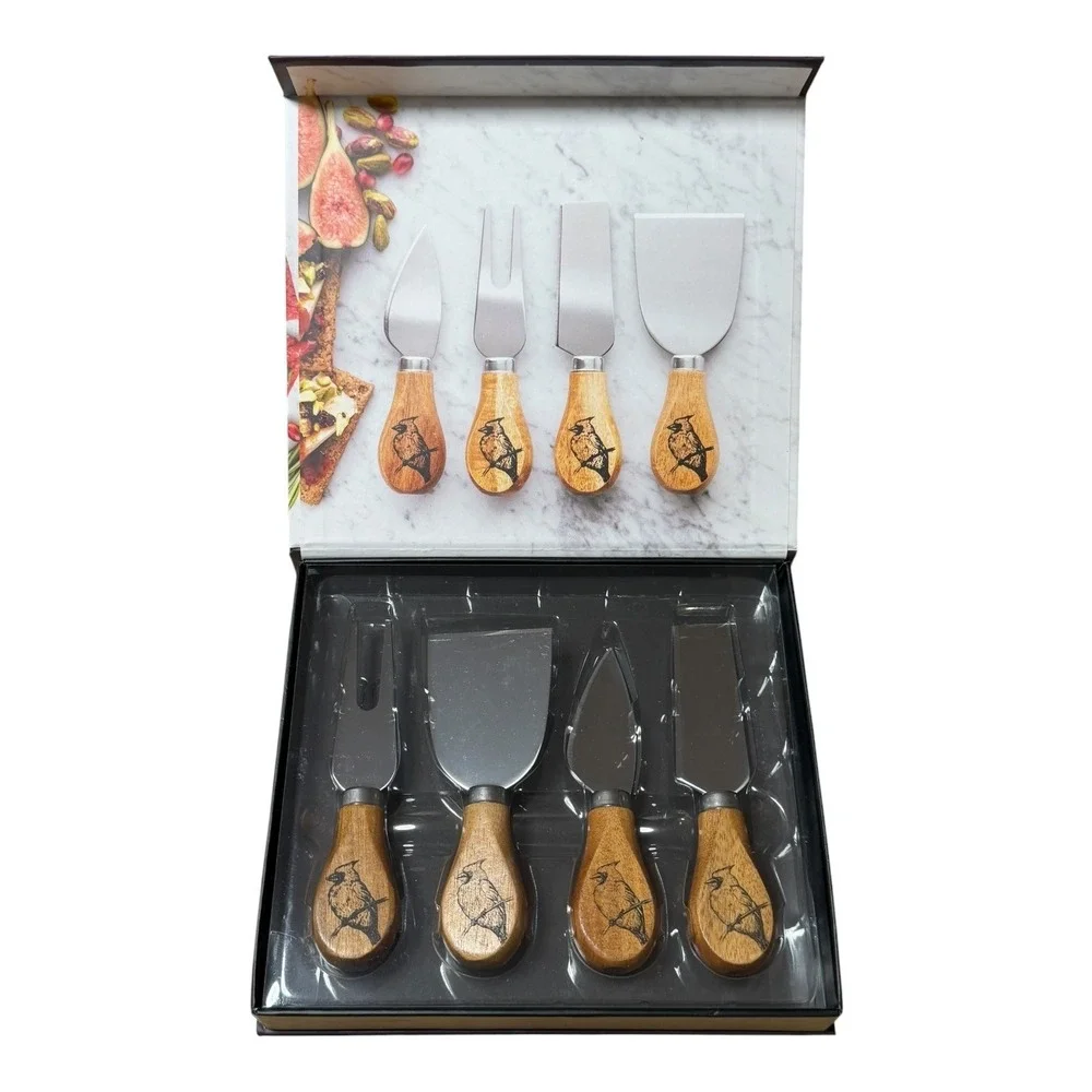 Taylor's Eye Witness 4pc Cheese Knife Set Acacia Wood Cardinal Bird NIB